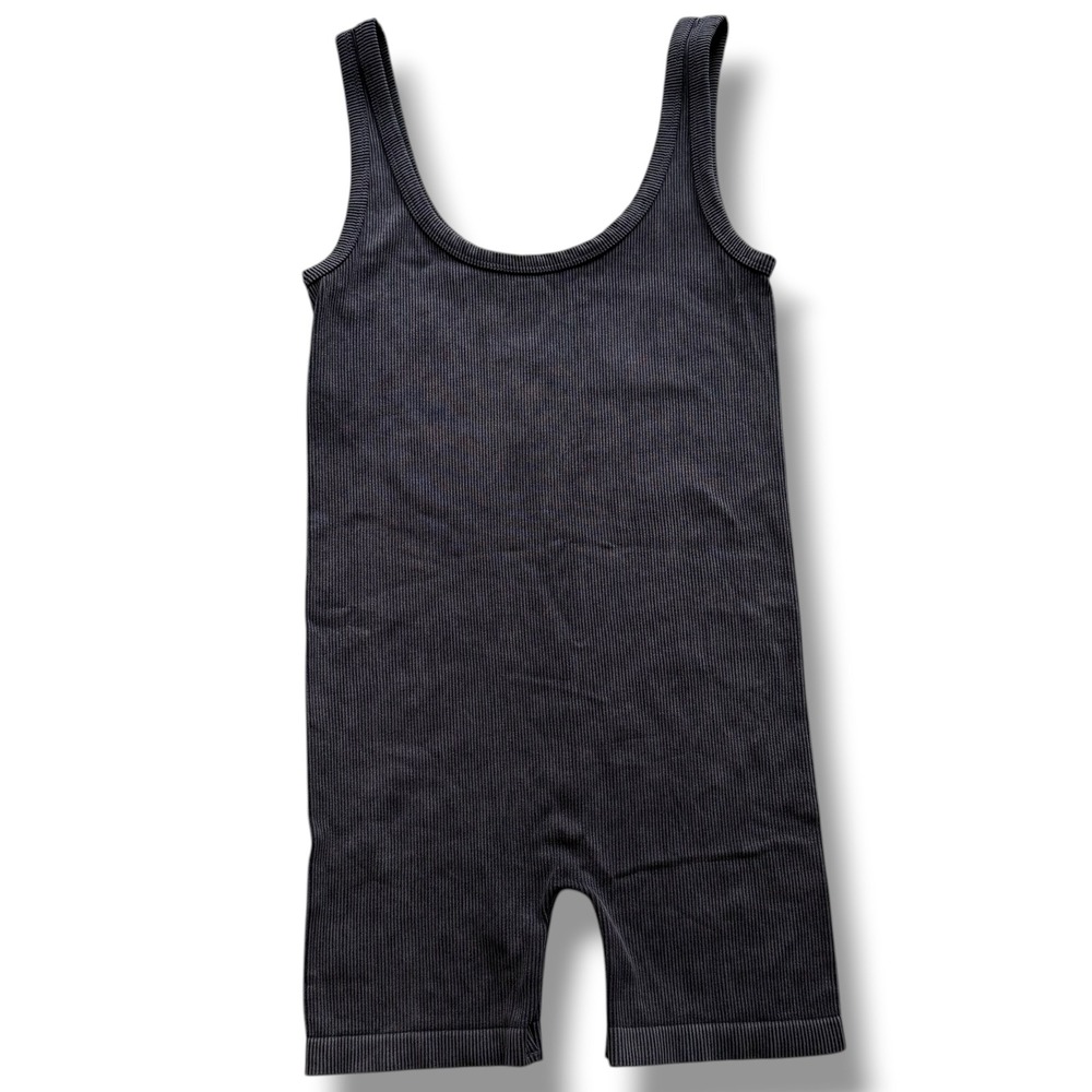 Vital Life Womens M Charcoal Gray Mineral Wash Sleeveless Ribbed Romper Athletic